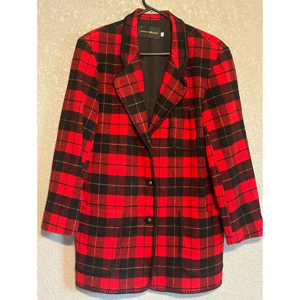 Harris Wallace Red Black Buffalo Plaid Wool Blend Blazer Jacket 12 USA Well Made